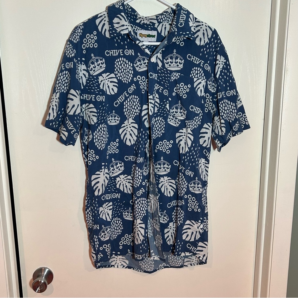 Tipsy Elves blue Chive On button down short sleeve top XL